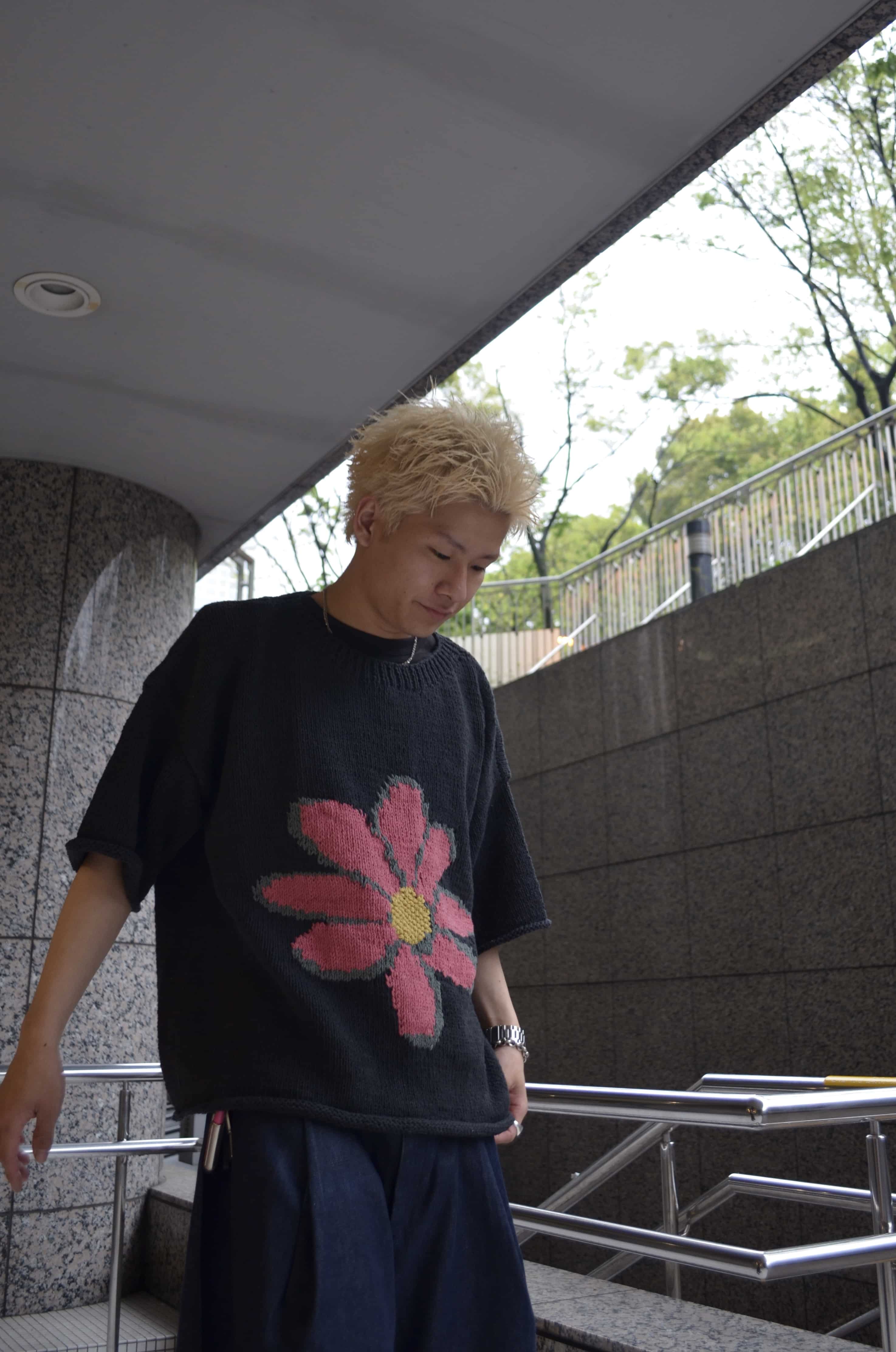 MacMahon Knitting Mills /マクマホンニッティングミルズ/Big S/S Crew Neck Knit-Flower BLACK×PINK FRE