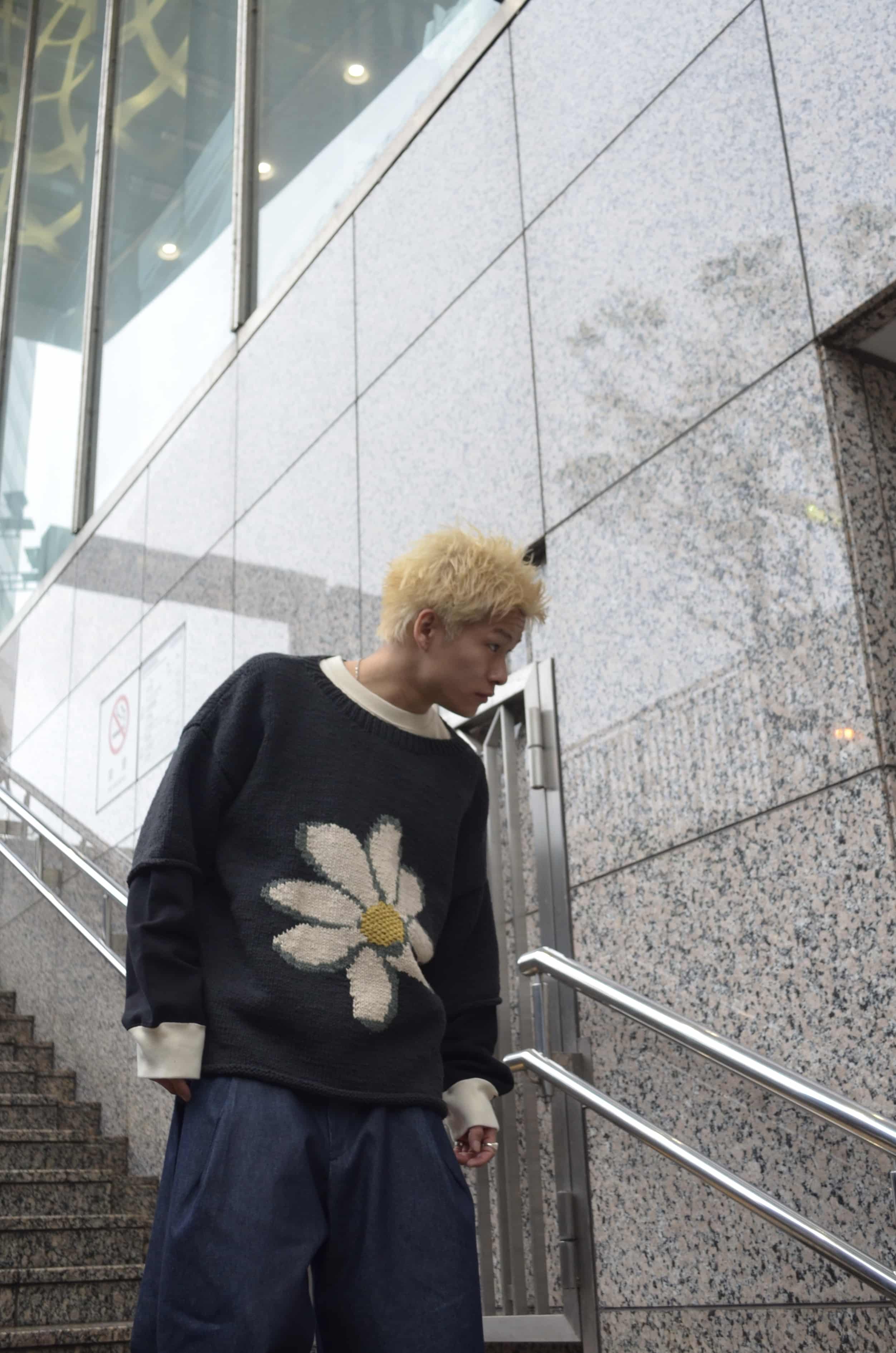 MacMahon Knitting Mills /マクマホンニッティングミルズ/Big S/S Crew Neck Knit-Flower BLACK×WHITE FREE