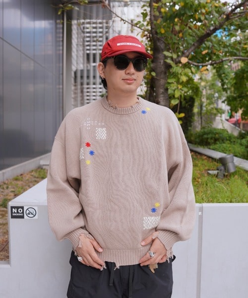 B omnivore/ビーオムニボー　HAND STITCH CREWNECK KNIT ハンドステッチクルーネックニット SAX M