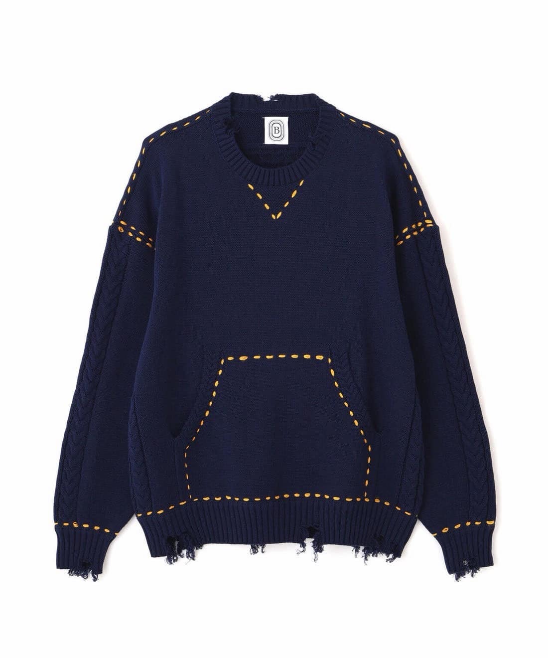 B omnivore/ビーオムニボー/HANDSTITCH CABLE KNIT CN ハンドステッチケーブルニットクルーネック NAVY M
