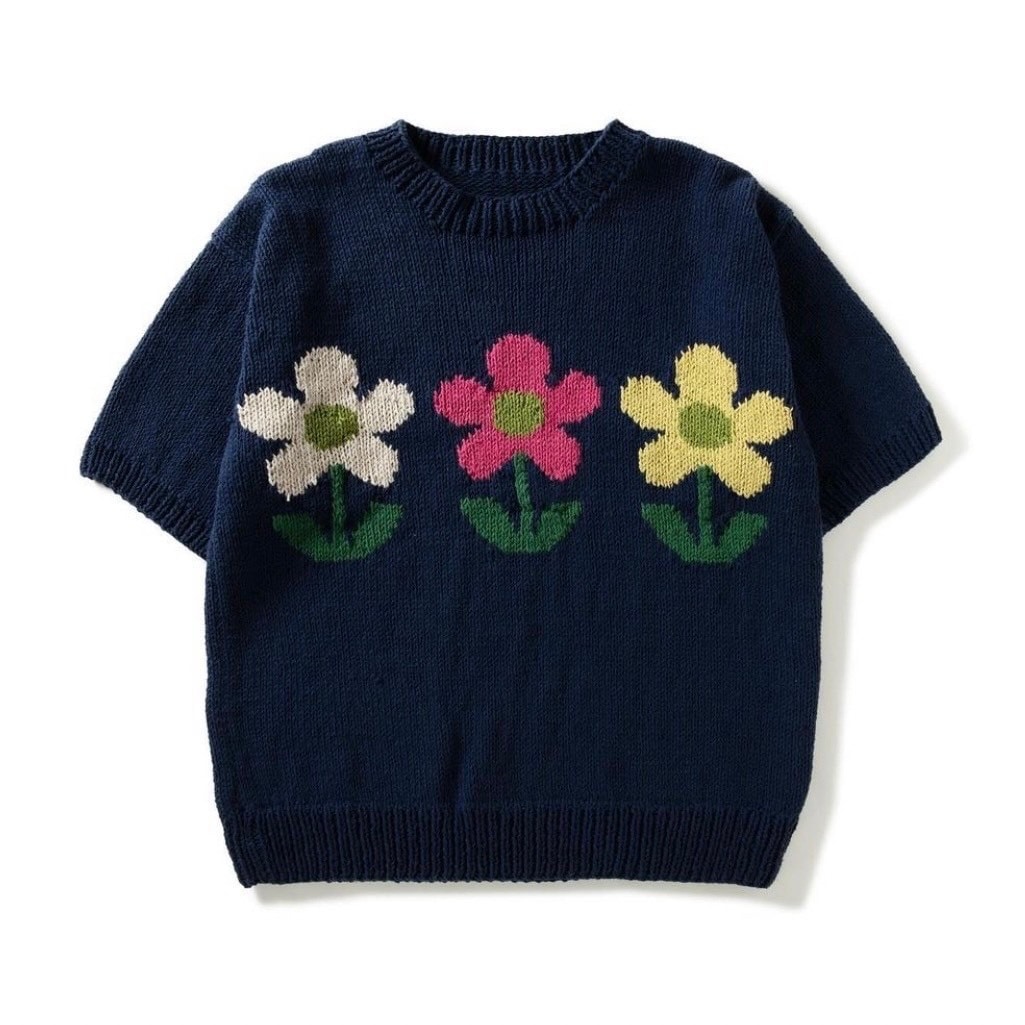 MacMahon Knitting Mills/マクマホンニッティングミルズ/S/S Crew Neck Knit - 3Flower NAVY FREE