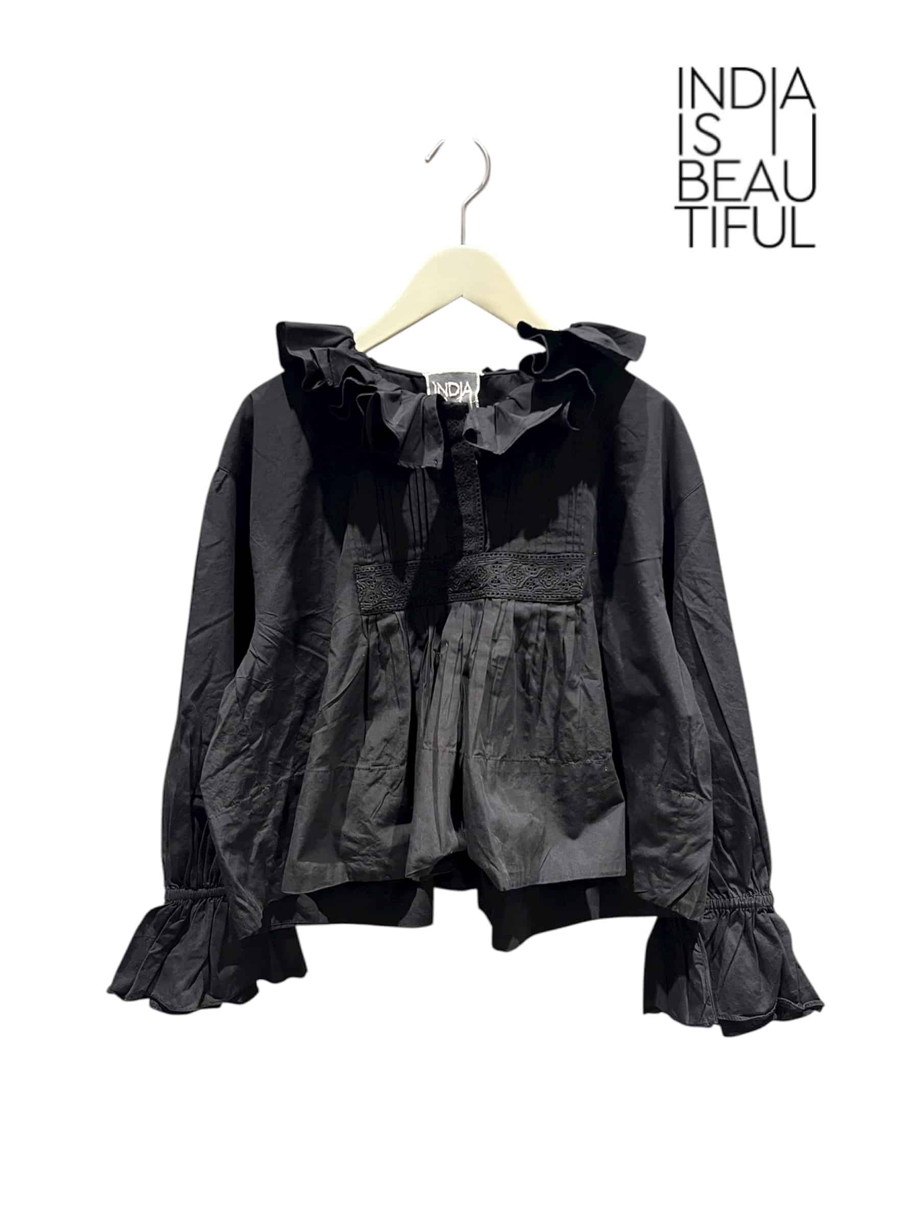 INDIA IS BEAUTIFUL/インディアイズビューティフル/レースフリルブラウス BLACK FREE