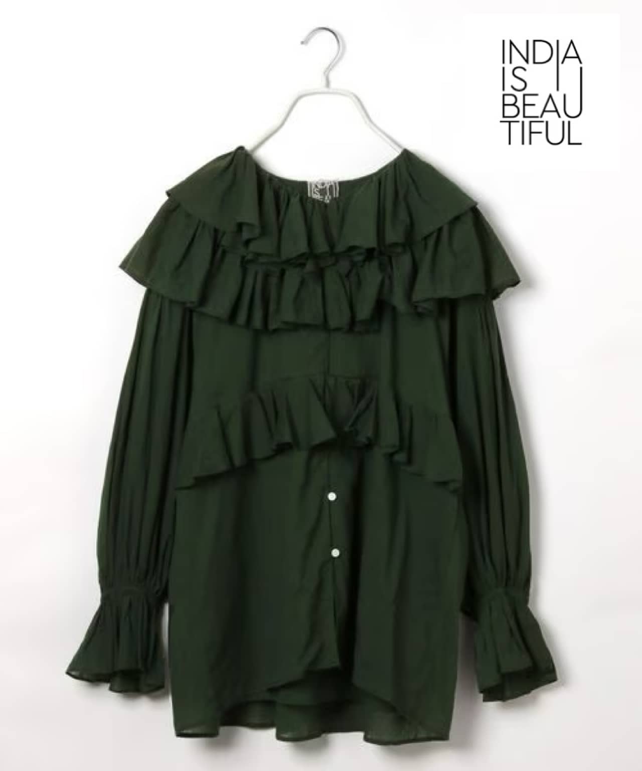 INDIA IS BEAUTIFUL/インディアイズビューティフル/コットンボイルフリルブラウス GREEN FREE