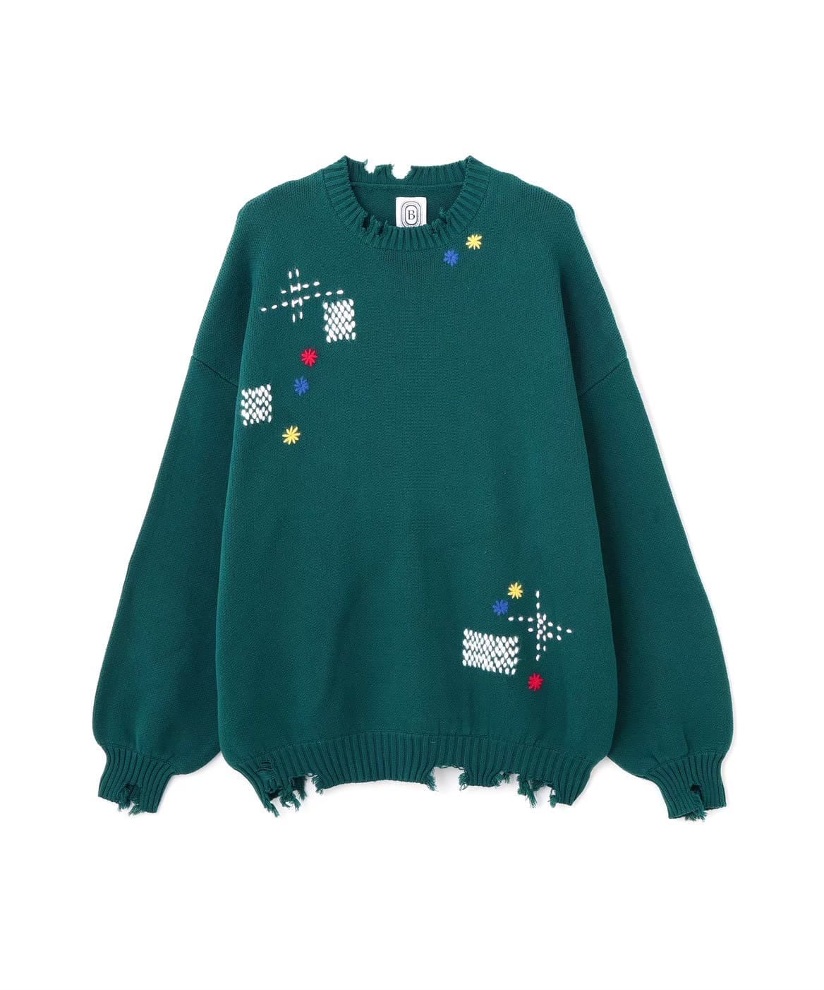B omnivore/ビーオムニボー/HAND STITCH CREWNECK KNIT ハンドステッチクルーネックニット グリーン M
