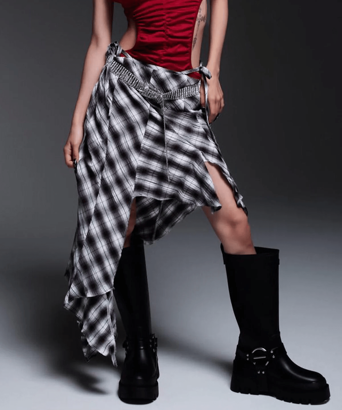 MITSUKI/ミツキ/CHECK ASYMME SKIRT black F