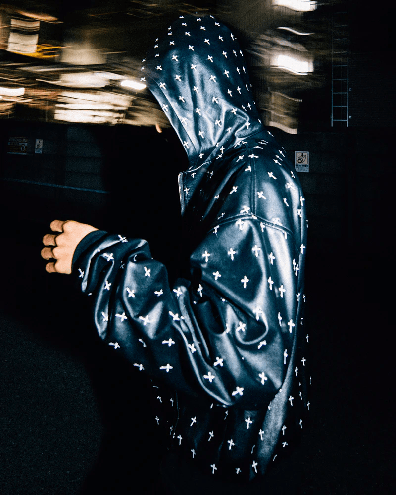 LAST NEST/Allover Cross Zip-up Hoodie / Black black L