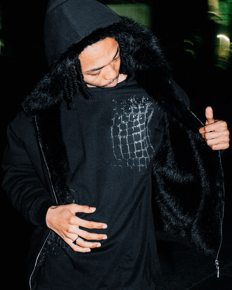 LAST NEST/Reversible Fur Hoodie / Black black XL