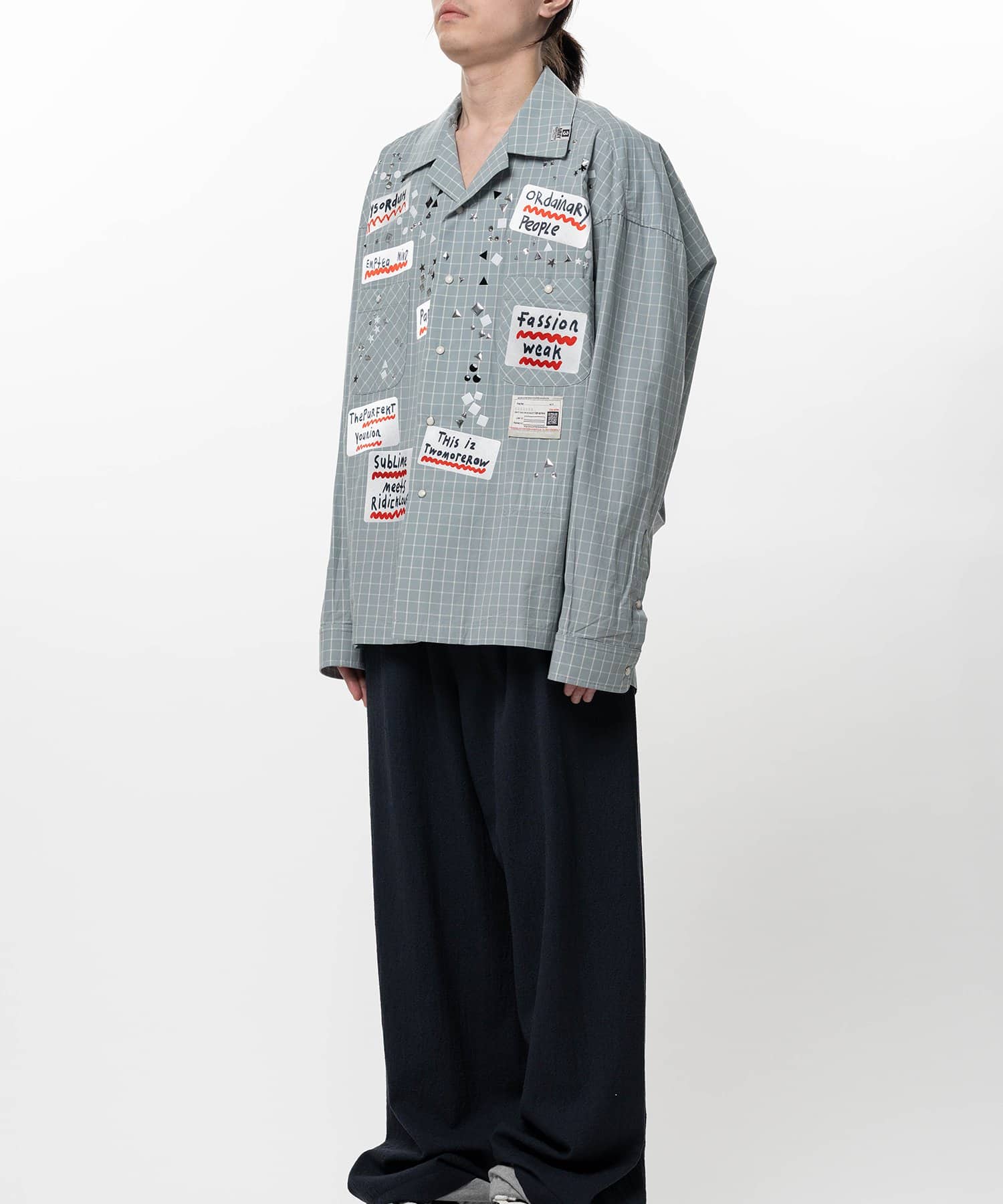 Maison MIHARA YASUHIRO/Embellished Sticker Long Sleeve Check Shirt gray 46