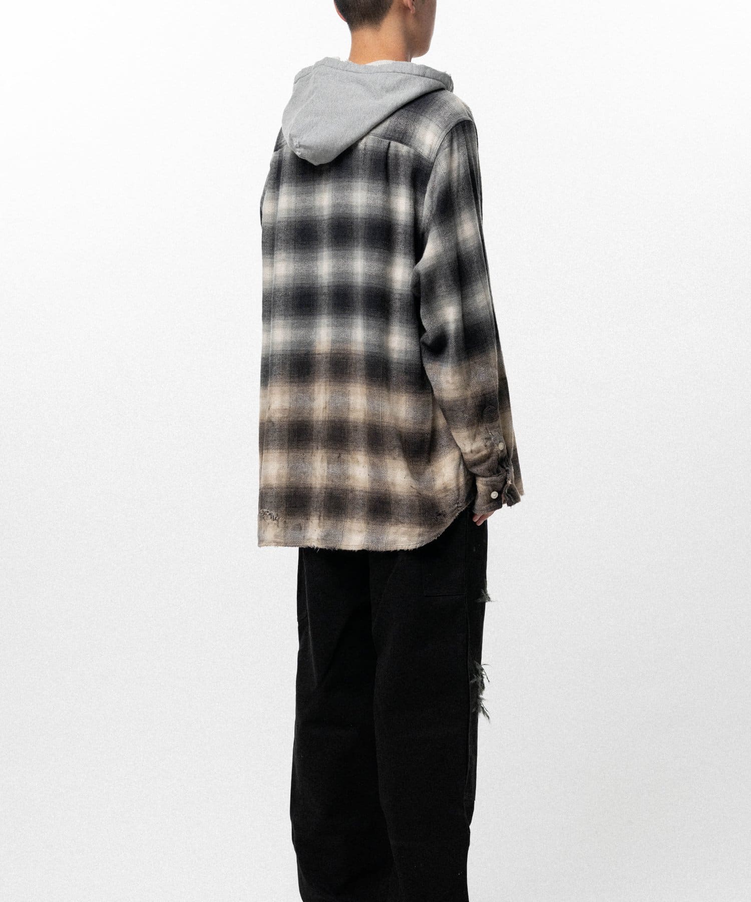 KAMIYA/Distressed Hooded Checked Shirt black S