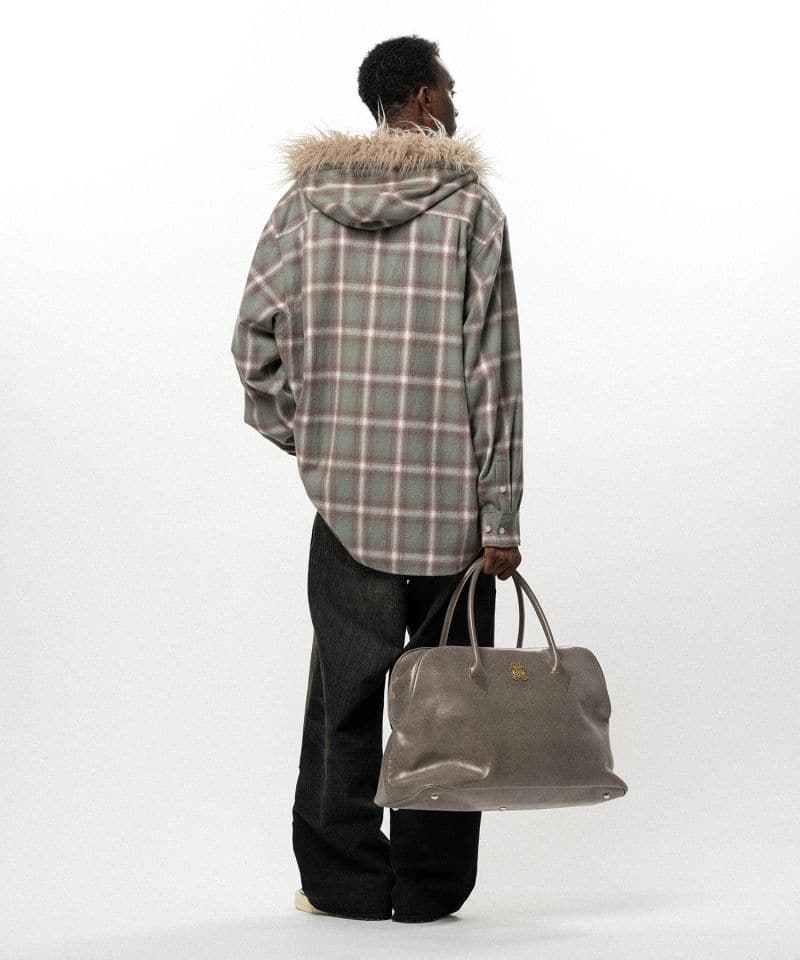 KAMIYA/Fur-Trimmed Hooded Check Shirt GREEN M