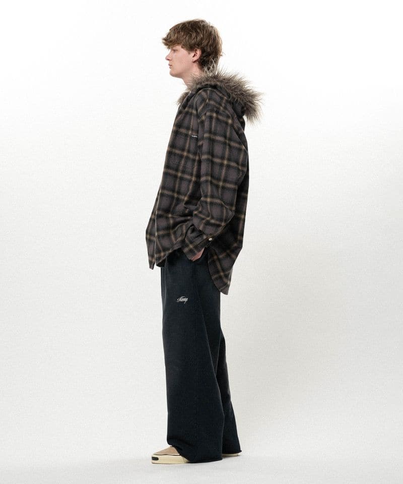 KAMIYA/Fur-Trimmed Hooded Check Shirt BROWN M