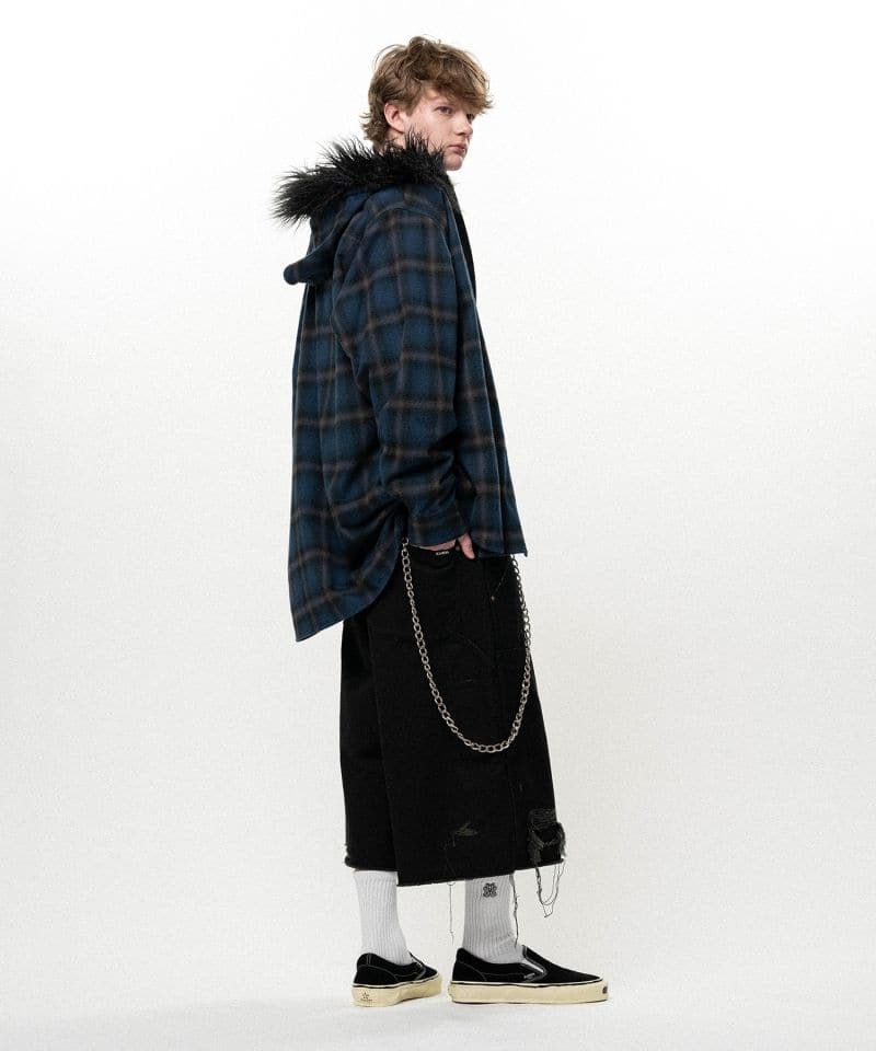 KAMIYA/Fur-Trimmed Hooded Check Shirt NAVY M