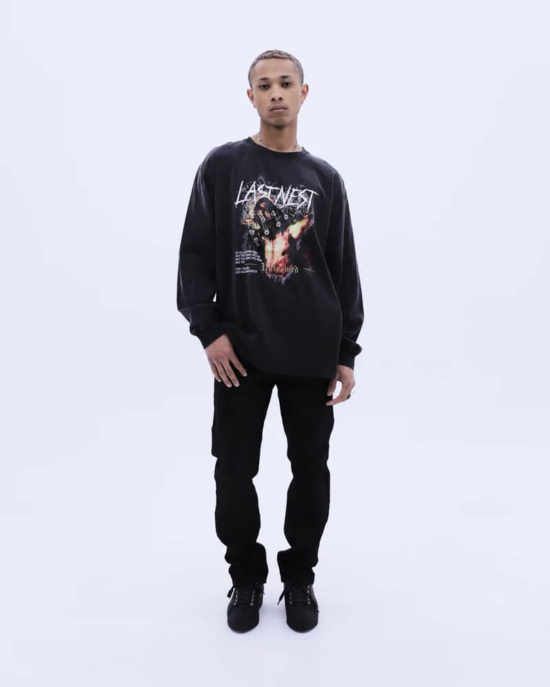 LAST NEST/God Hate Unformed Washed L/S T-Shirt / Wash Black black L