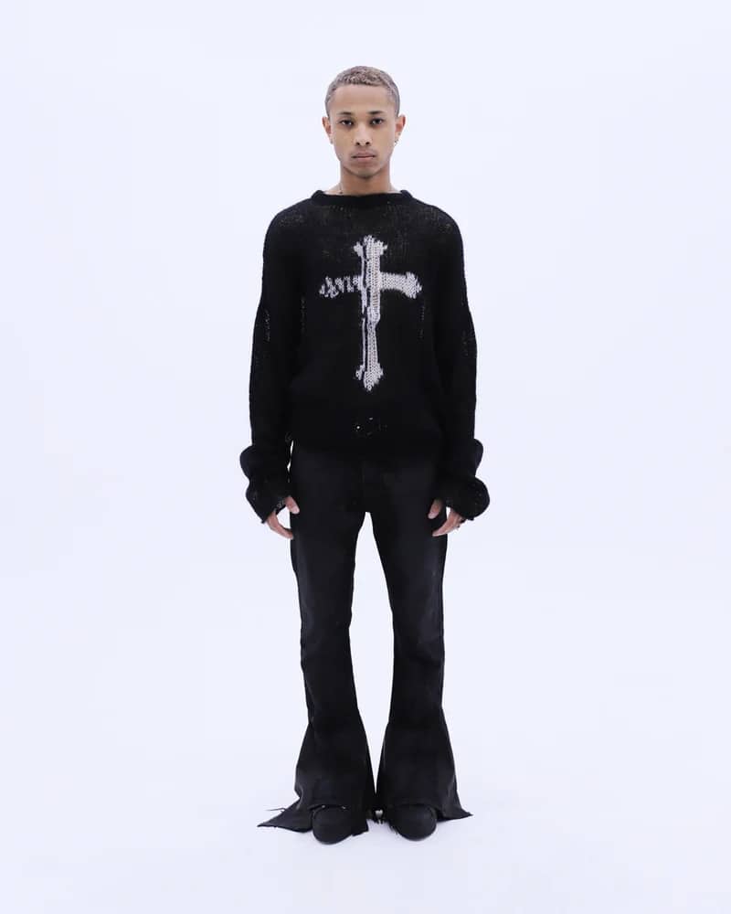 LAST NEST/Cross See-through Knit Sweater / Black black L