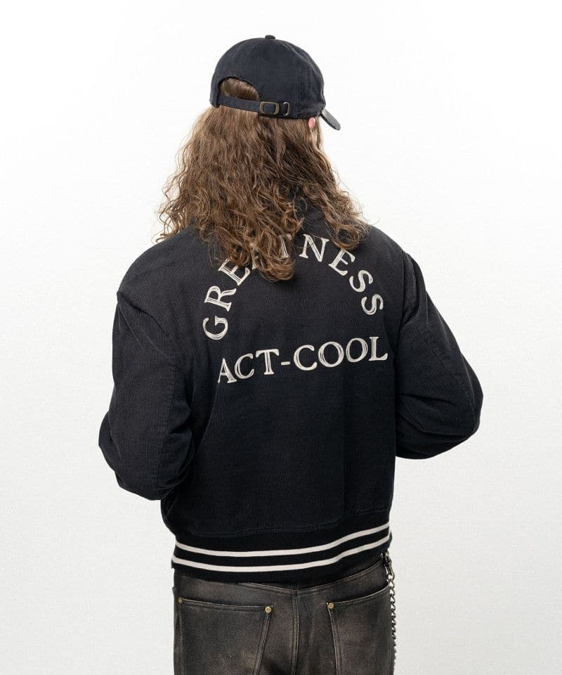 KAMIYA/"GREATNESS ACT-COOL" Embroidered Sun Faded Varsity Jacket black S