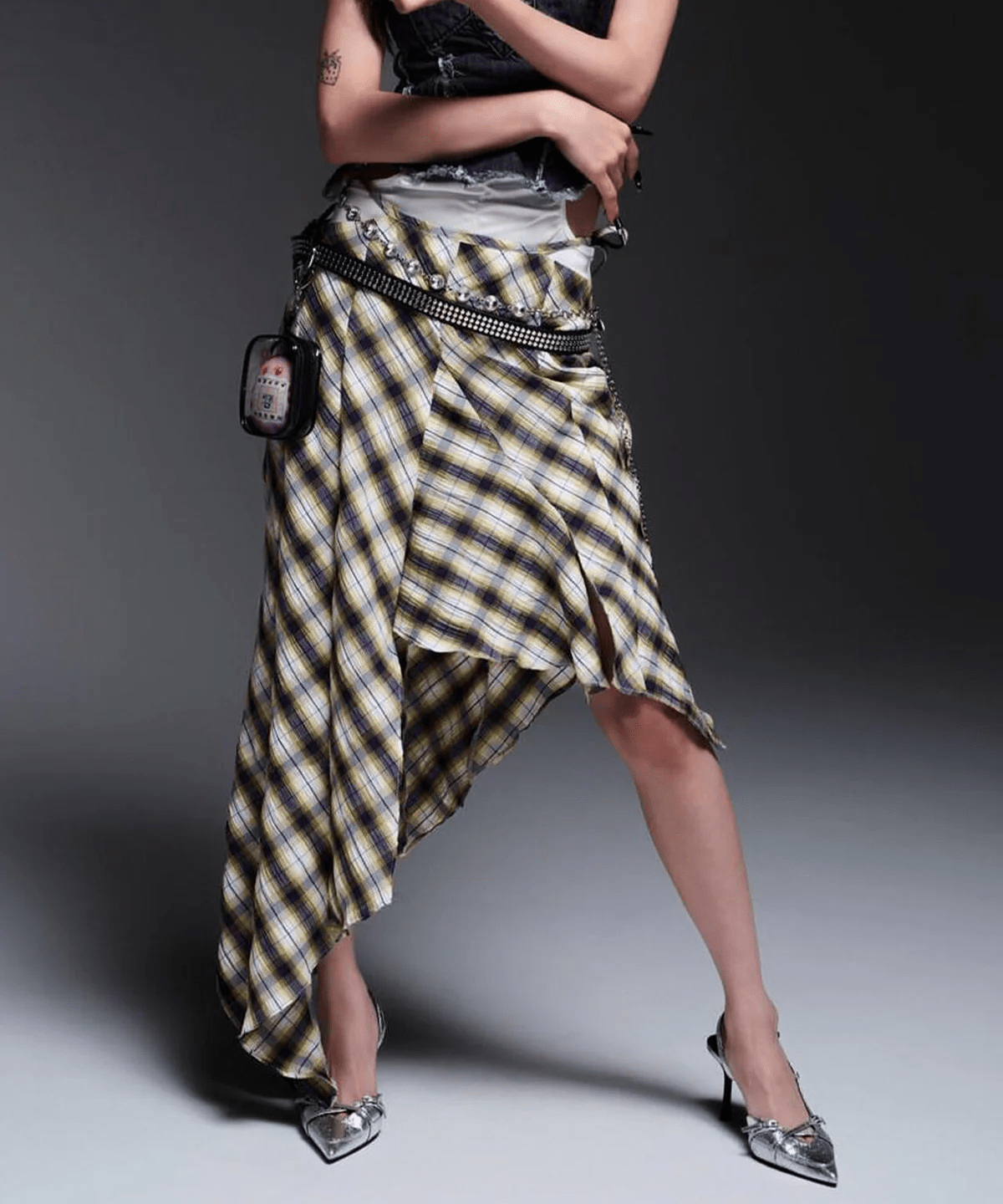 MITSUKI/ミツキ/CHECK ASYMME SKIRT yellow F