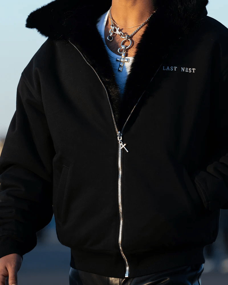 LAST NEST/Reversible Fur Hoodie / Black black L