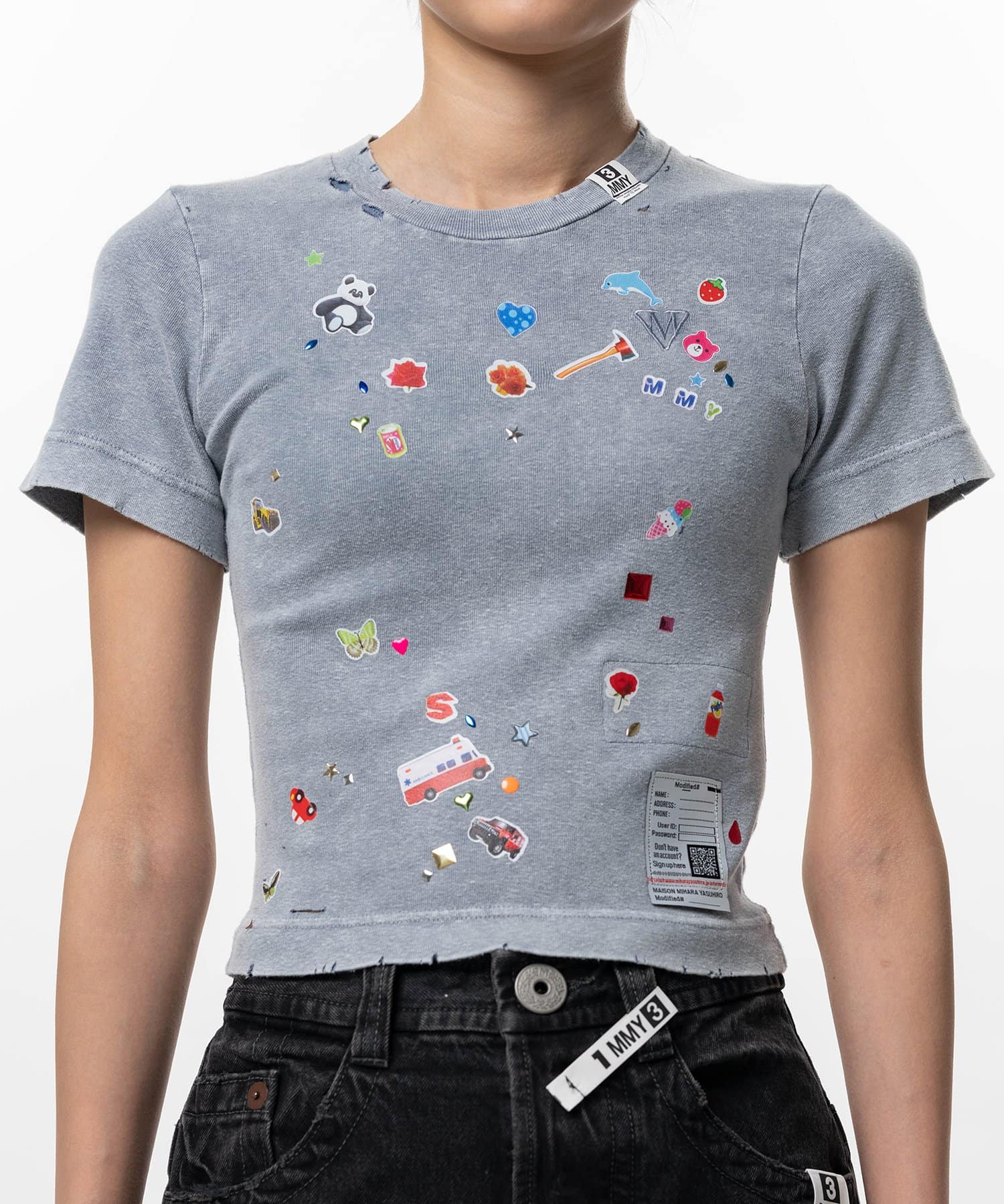 Maison MIHARA YASUHIRO/Kids Sticker Print Bleached Mini T-shirt blue 36
