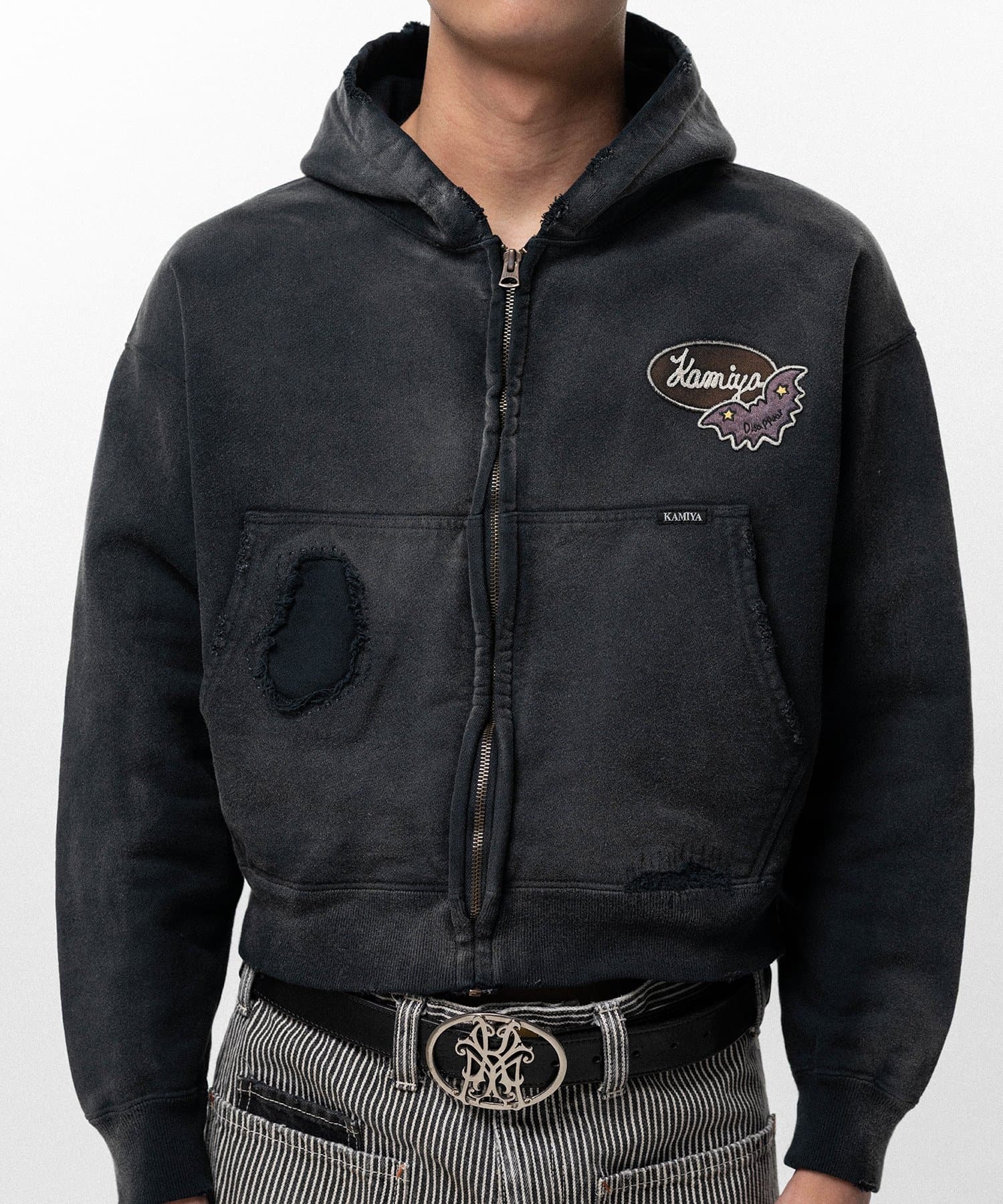 KAMIYA/Repaired Name Patch Zip Short Hoodie black L