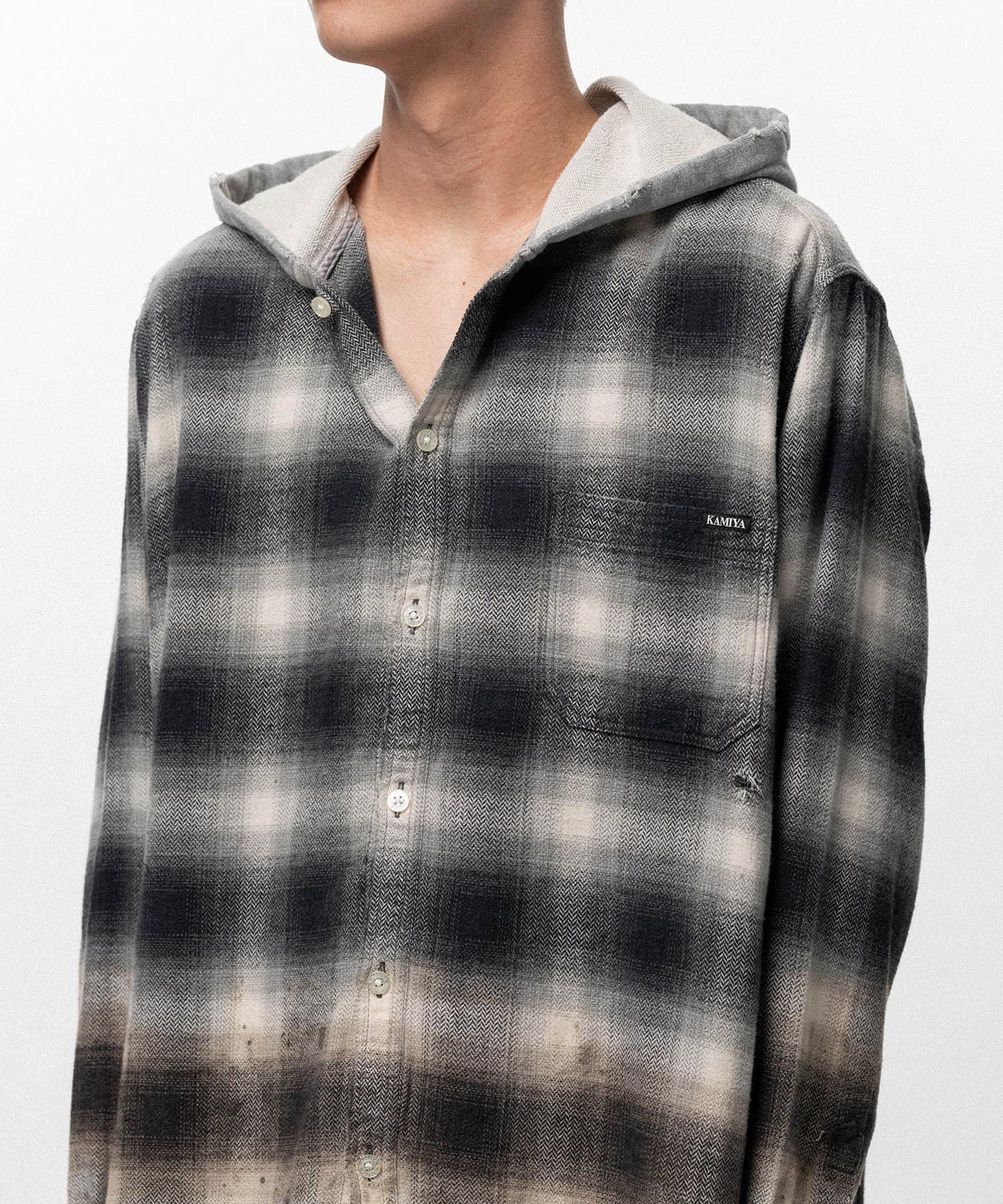 KAMIYA/Distressed Hooded Checked Shirt black S