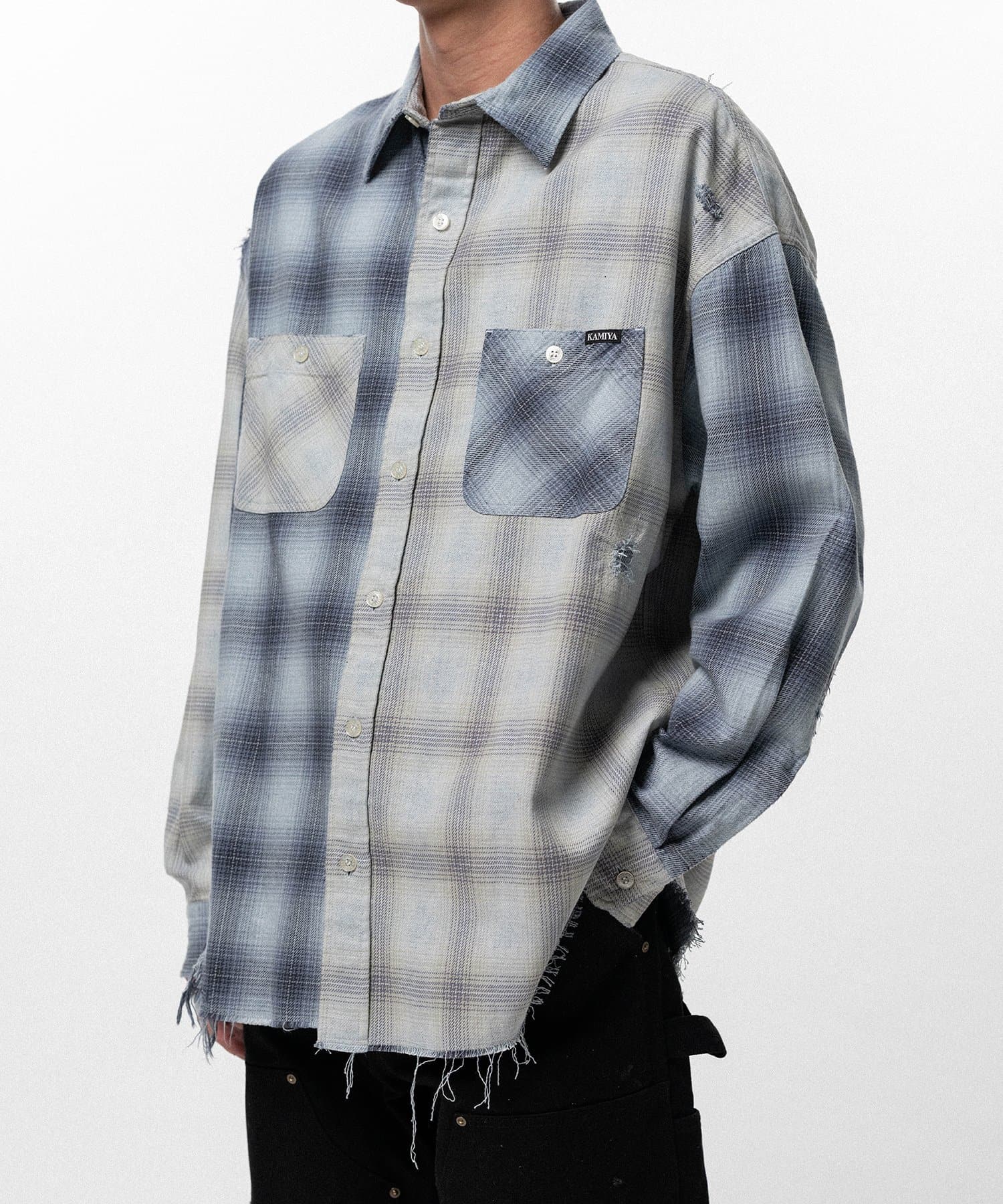 KAMIYA/Repaired Crazy Checked Shirt blue M