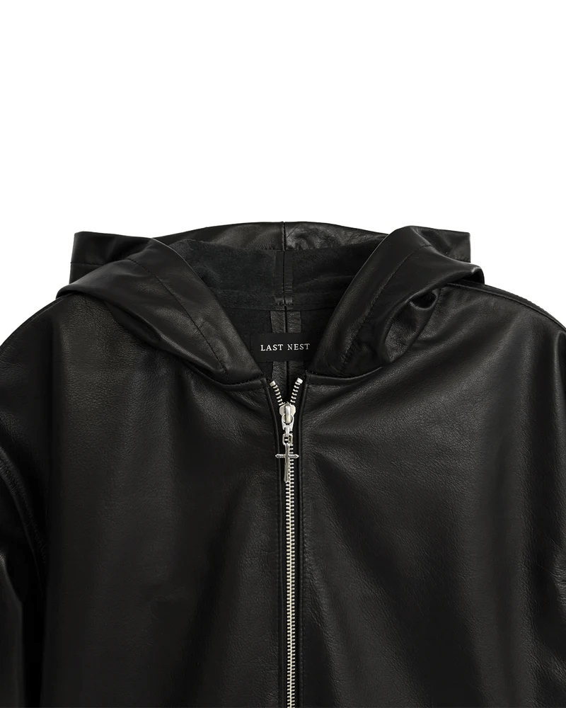LAST NEST/Leather Hoodie / Black black M