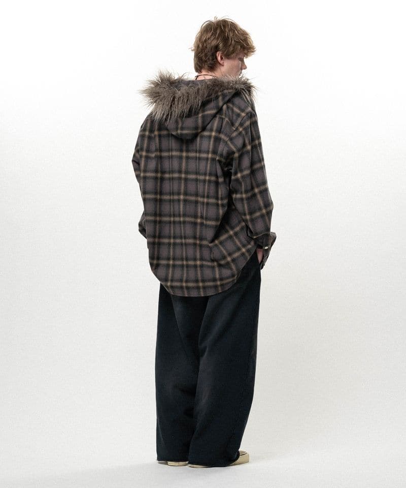 KAMIYA/Fur-Trimmed Hooded Check Shirt BROWN S