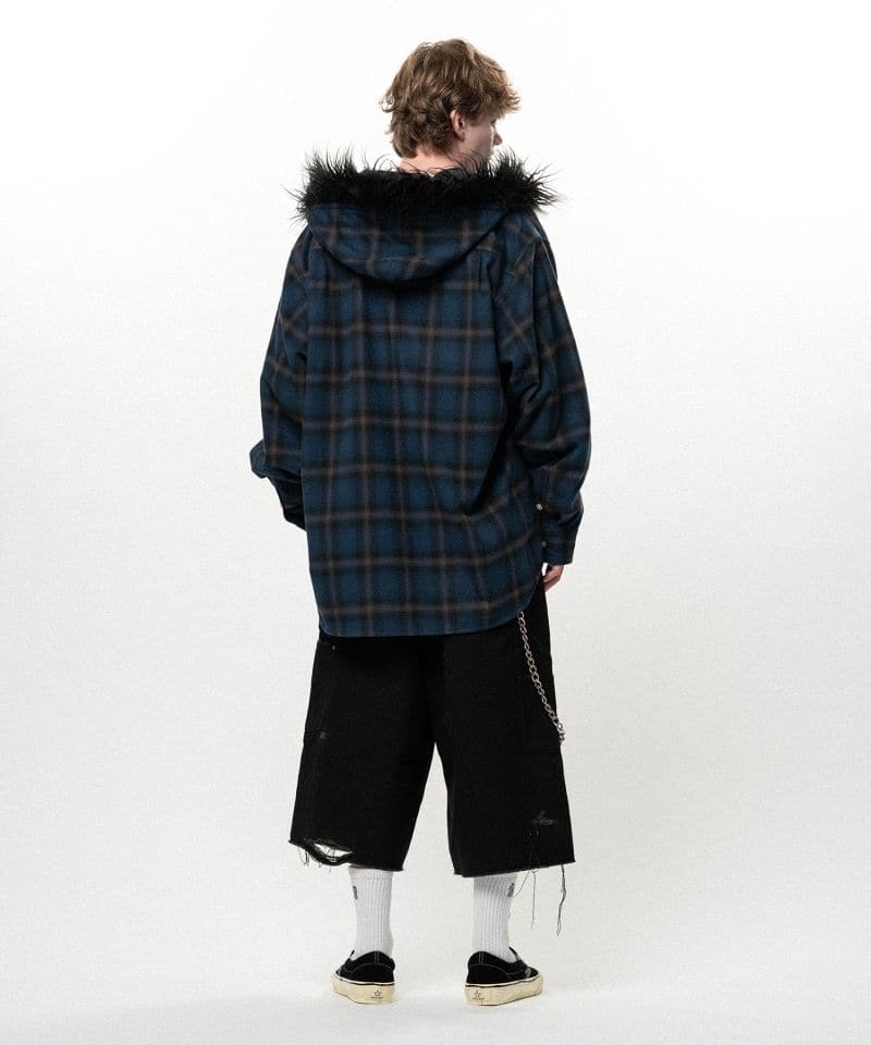 KAMIYA/Fur-Trimmed Hooded Check Shirt NAVY S