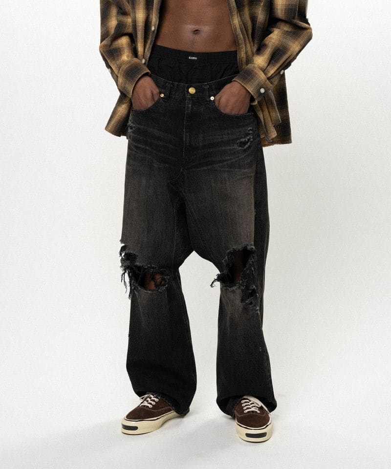 KAMIYA/Distressed Sarouel Denim Pants black M