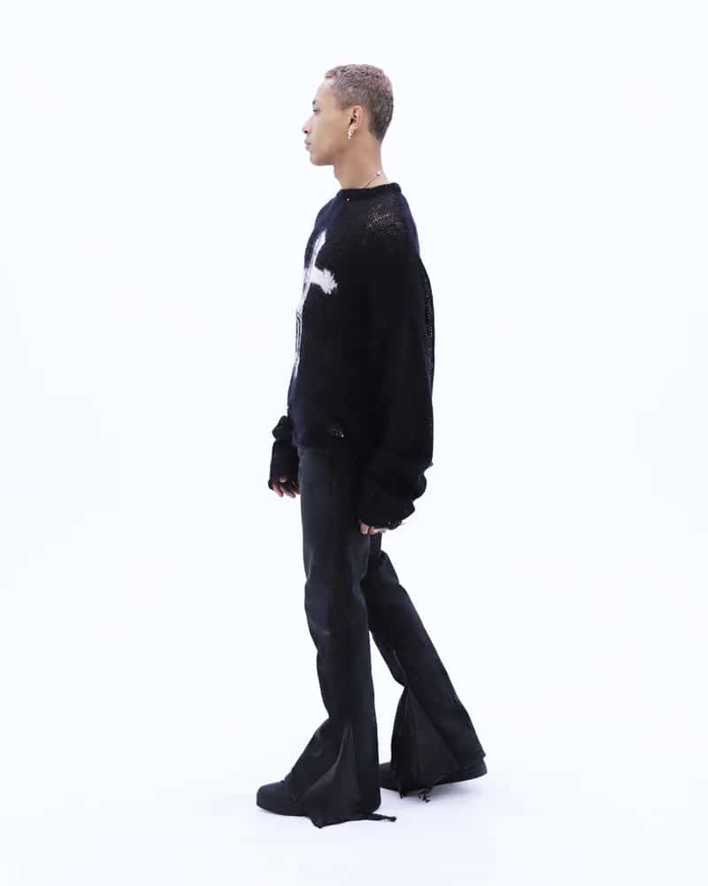 LAST NEST/Cross See-through Knit Sweater / Black black M