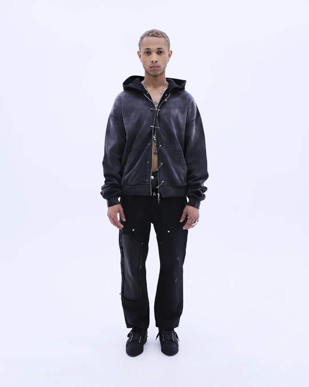 LAST NEST/Safety Pin Washed Zip Hoodie / Black(M black)｜ ROYAL