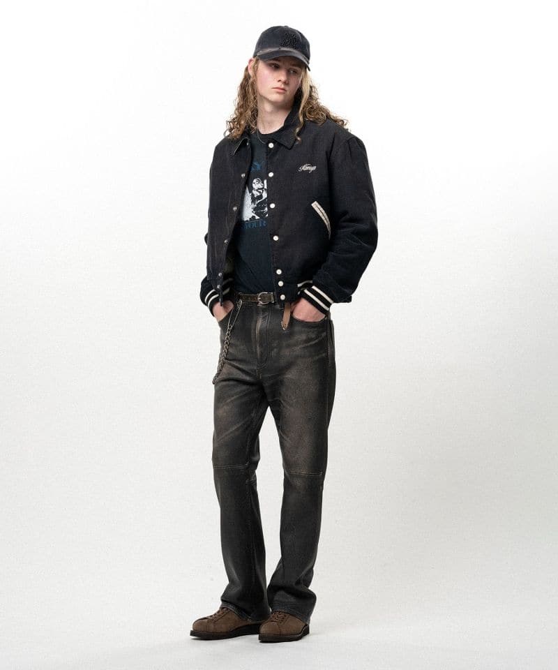 KAMIYA/"GREATNESS ACT-COOL" Embroidered Sun Faded Varsity Jacket black S