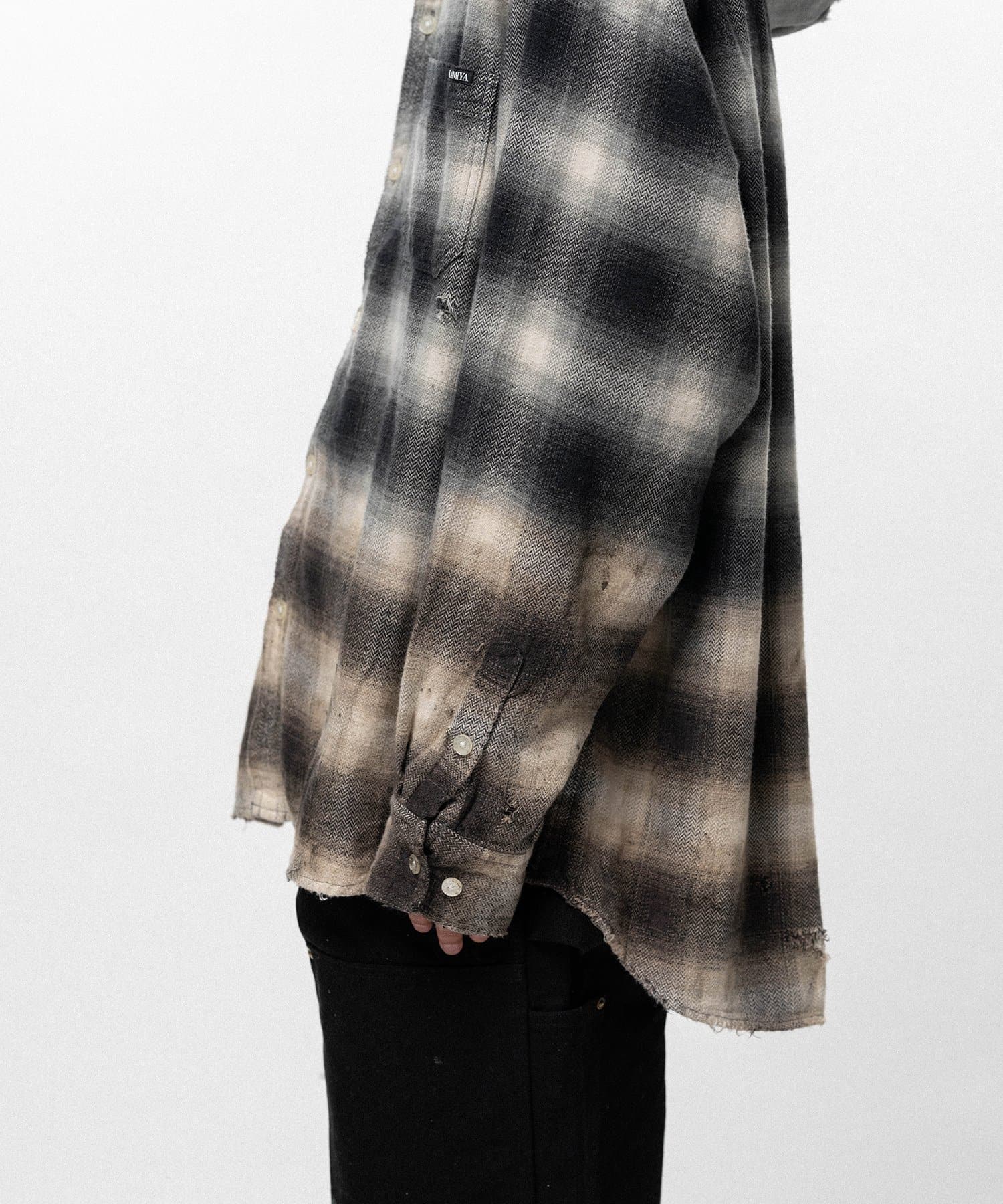 KAMIYA/Distressed Hooded Checked Shirt black M