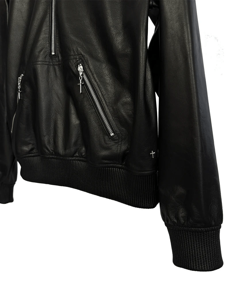 LAST NEST/Leather Hoodie / Black black M