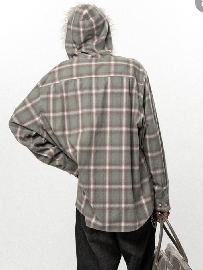 KAMIYA/Fur-Trimmed Hooded Check Shirt GREEN M