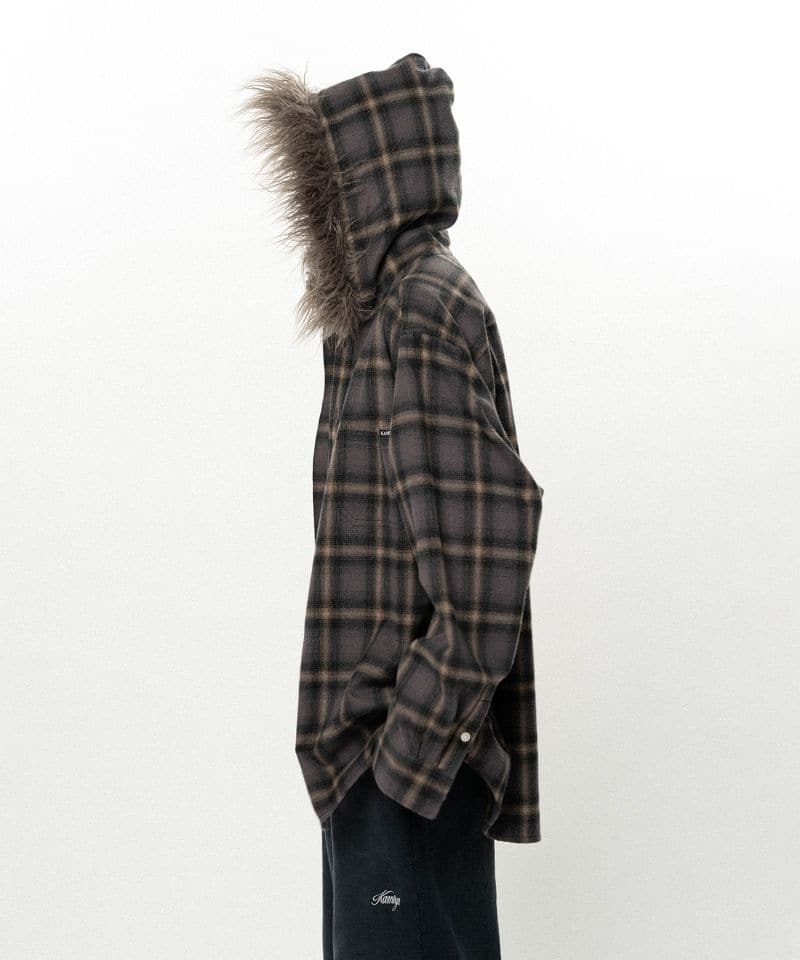KAMIYA/Fur-Trimmed Hooded Check Shirt BROWN M