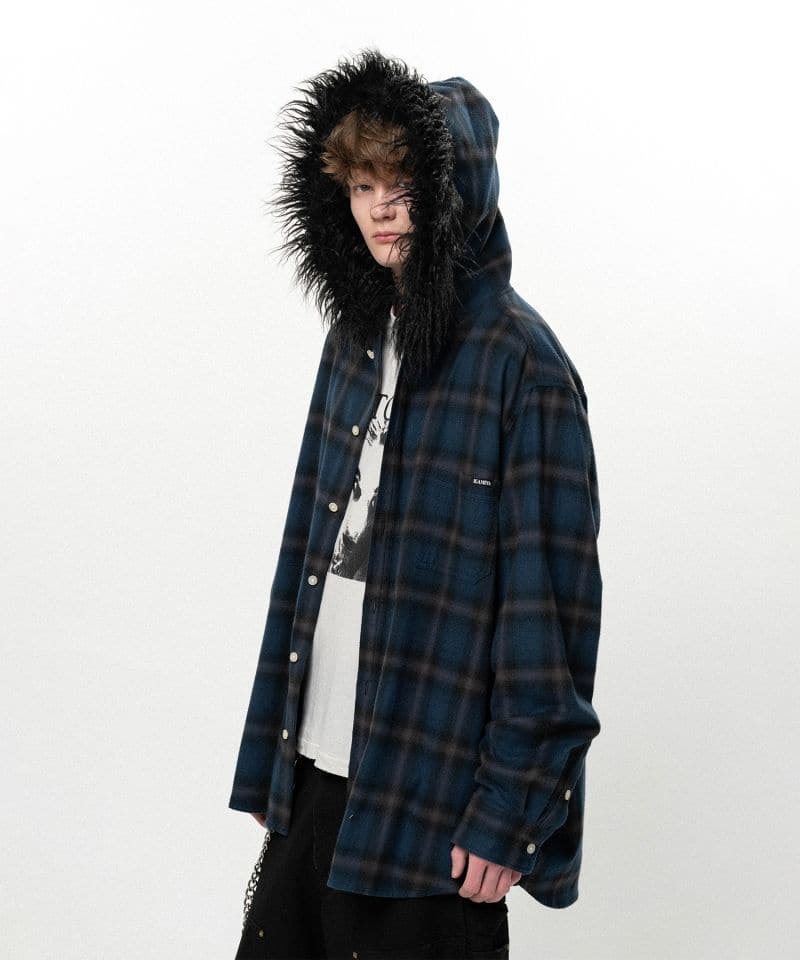 KAMIYA/Fur-Trimmed Hooded Check Shirt NAVY M