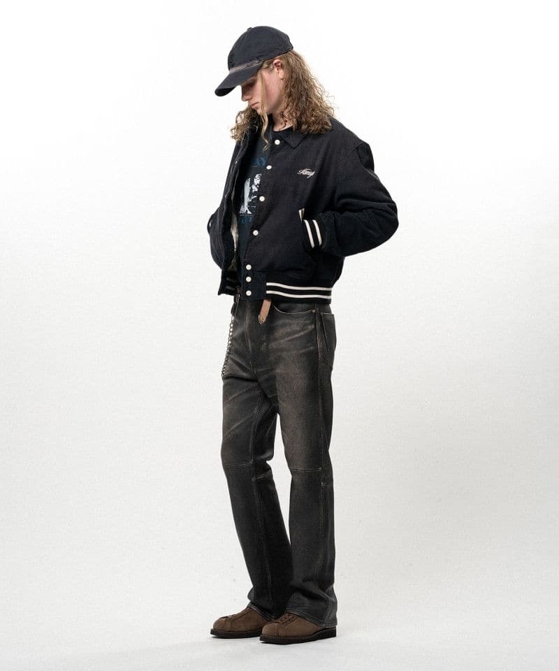 KAMIYA/"GREATNESS ACT-COOL" Embroidered Sun Faded Varsity Jacket black S