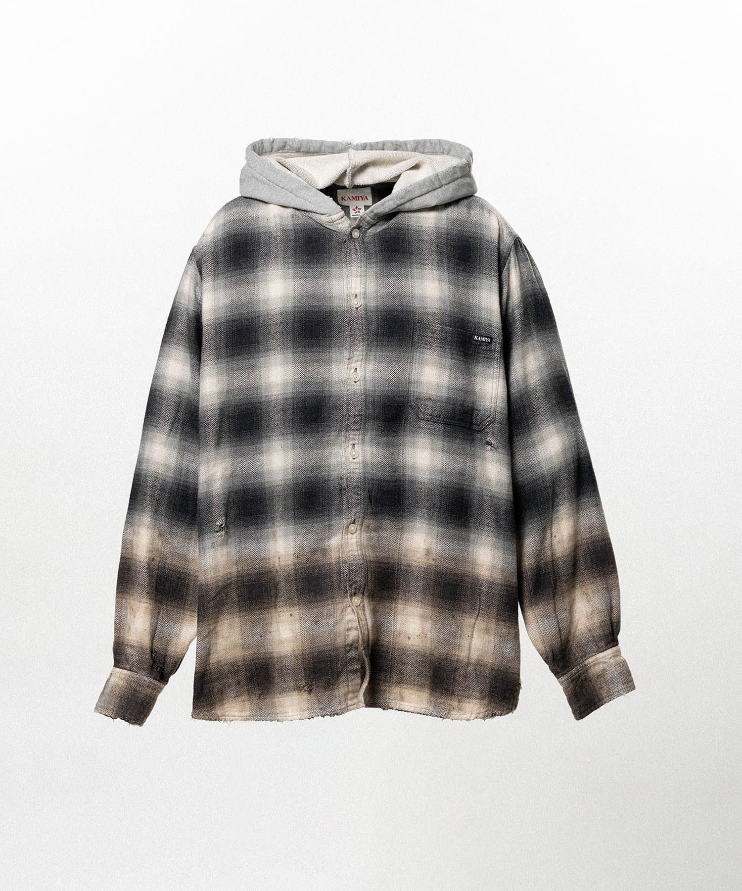 KAMIYA/Distressed Hooded Checked Shirt black M