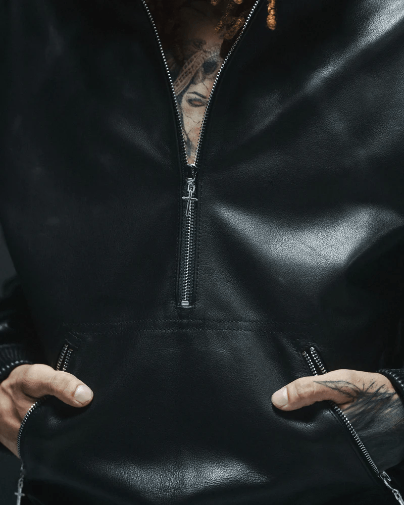 LAST NEST/Leather Hoodie / Black black L