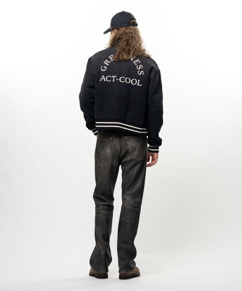 KAMIYA/"GREATNESS ACT-COOL" Embroidered Sun Faded Varsity Jacket black S