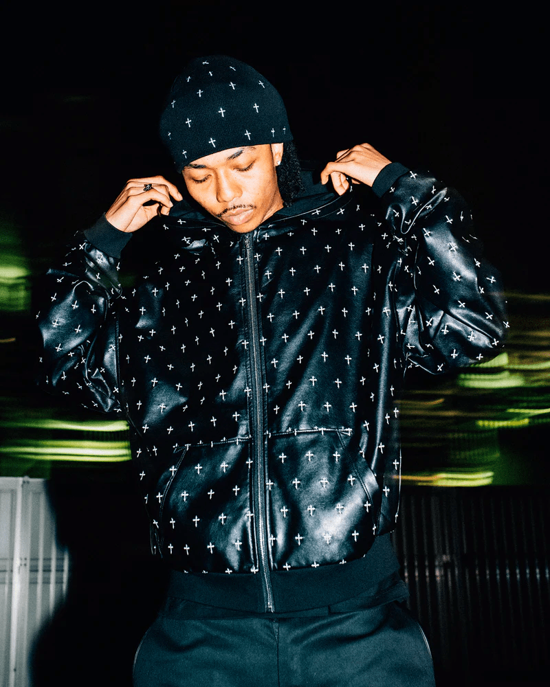 LAST NEST/Allover Cross Zip-up Hoodie / Black black L