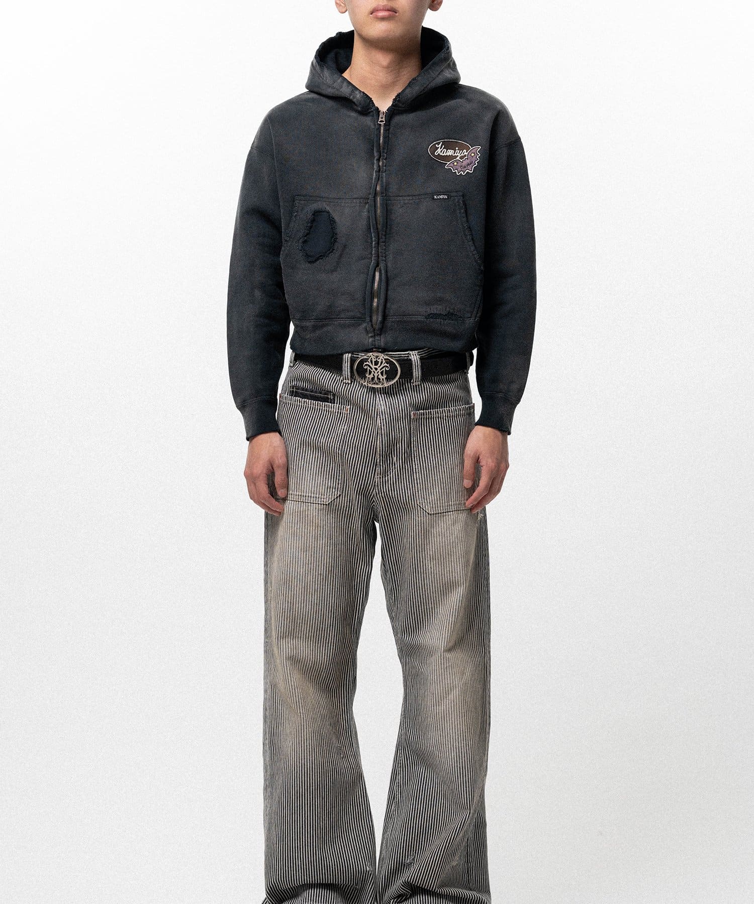 KAMIYA/Repaired Name Patch Zip Short Hoodie black L