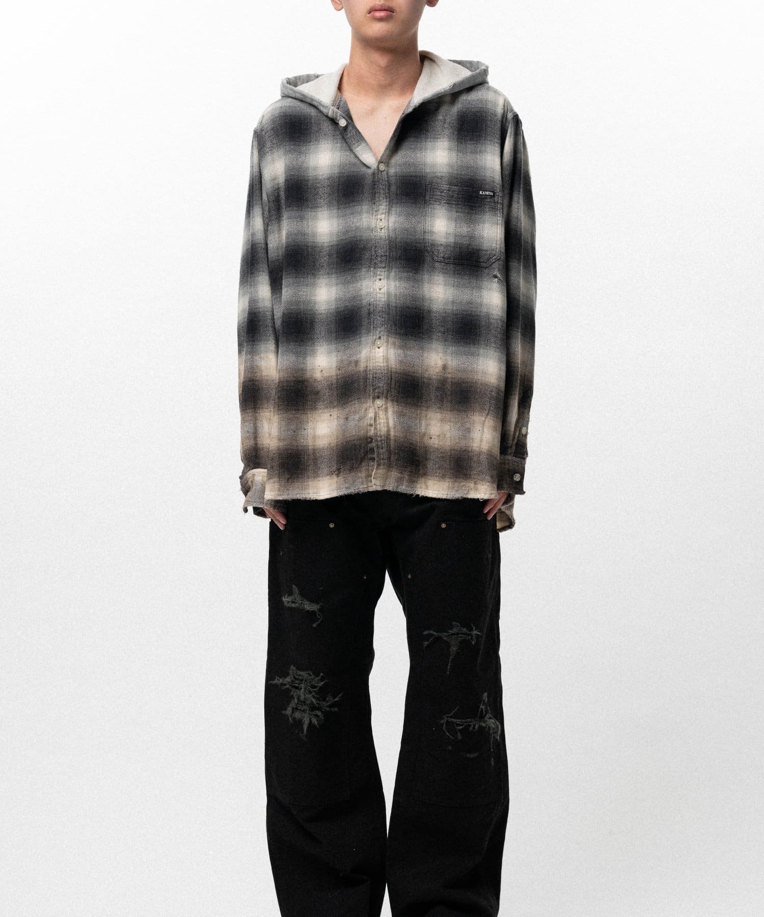KAMIYA/Distressed Hooded Checked Shirt black M