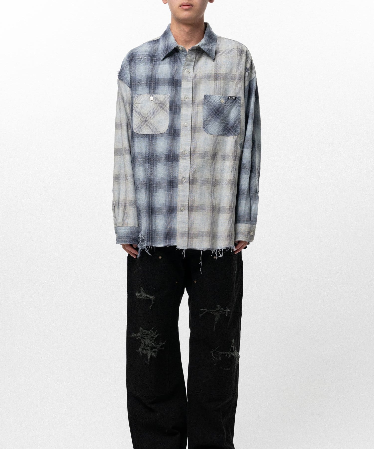KAMIYA/Repaired Crazy Checked Shirt blue M
