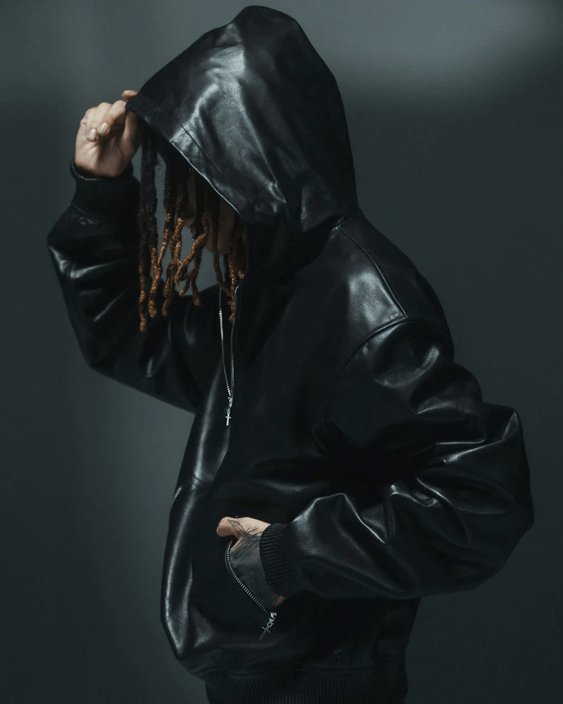 LAST NEST/Leather Hoodie / Black black L