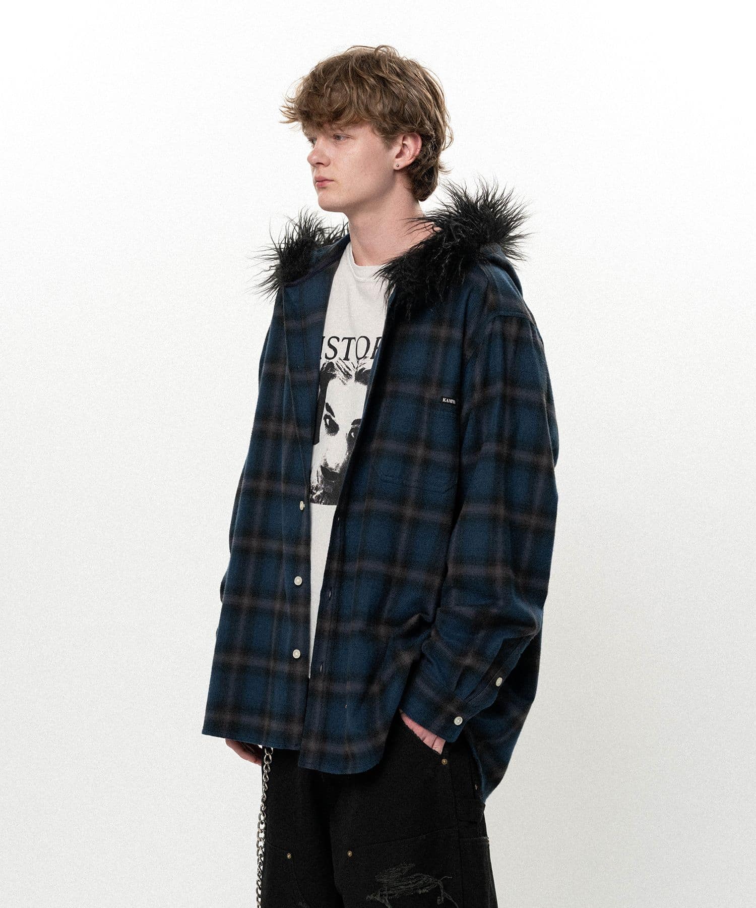 KAMIYA/Fur-Trimmed Hooded Check Shirt NAVY S