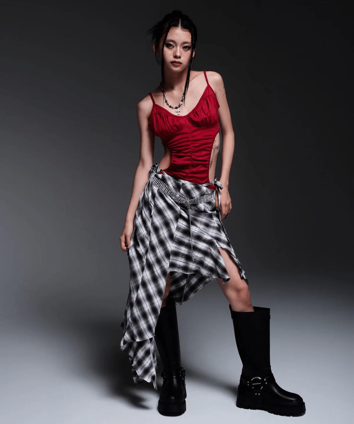 MITSUKI/ミツキ/CHECK ASYMME SKIRT black F