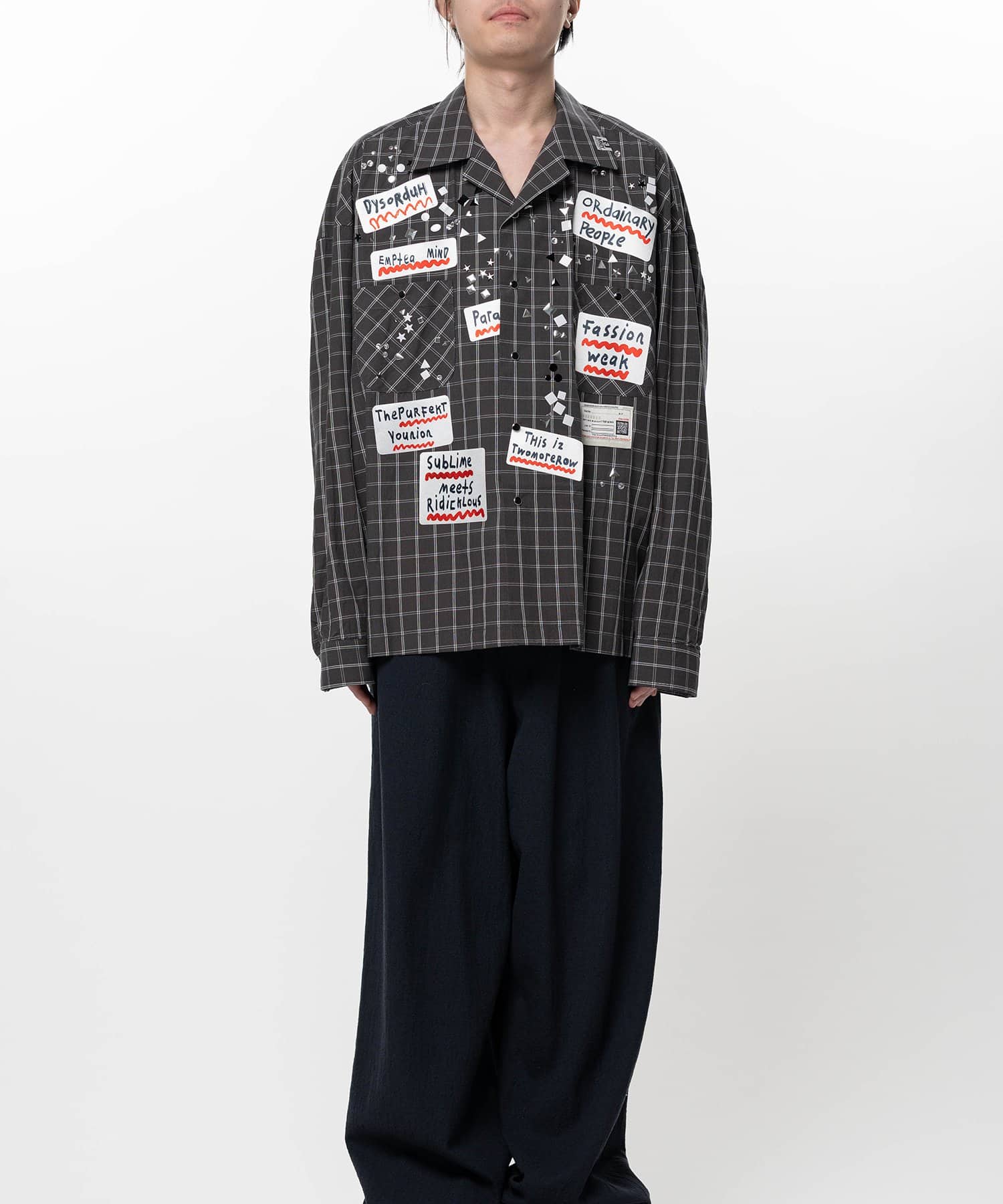 Maison MIHARA YASUHIRO/Embellished Sticker Long Sleeve Check Shirt black 44