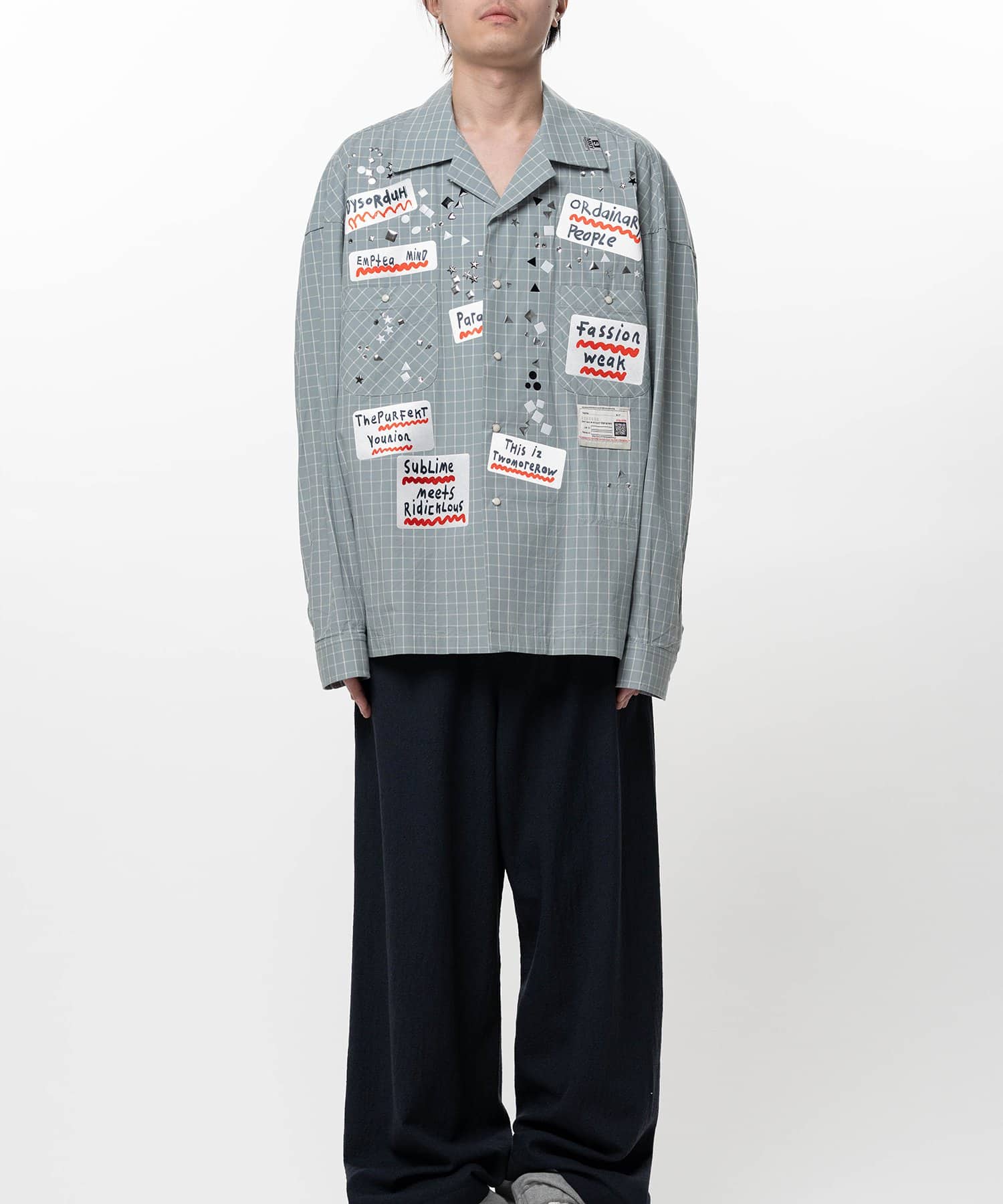 Maison MIHARA YASUHIRO/Embellished Sticker Long Sleeve Check Shirt gray 46